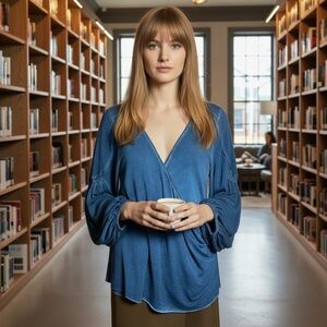 Free People Blue Cross Over Wrap Long Sleeve Top Size S